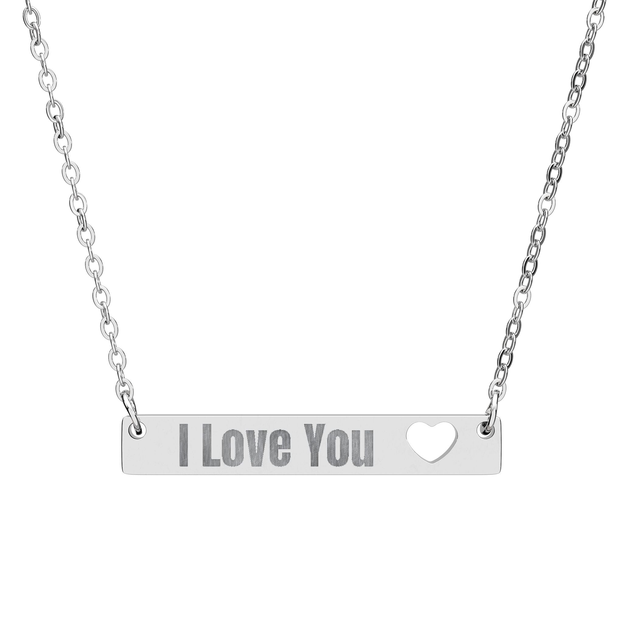Silver necklace with 'I Love You' pendant on a white background