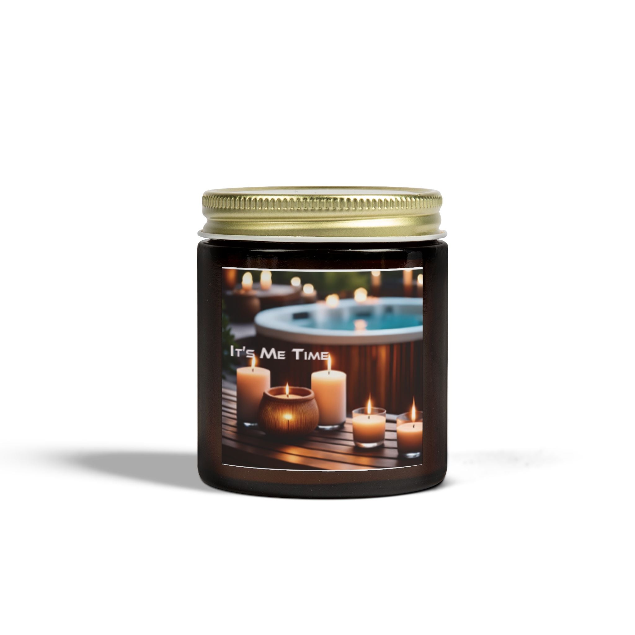 Candle jar with a gold lid featuring an image of candles and a hot tub on a white background.