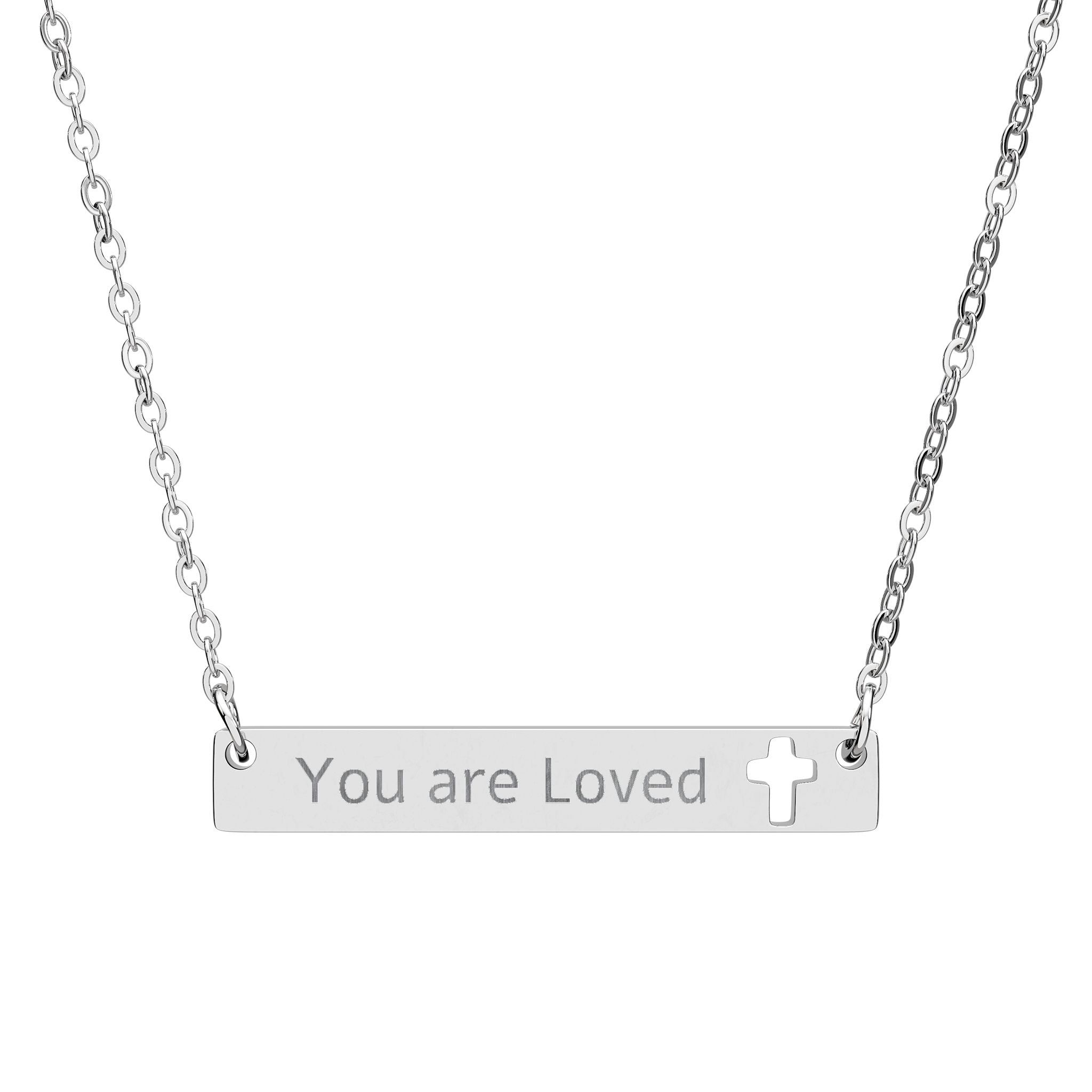Silver necklace with 'You are Loved' bar pendant on a white background